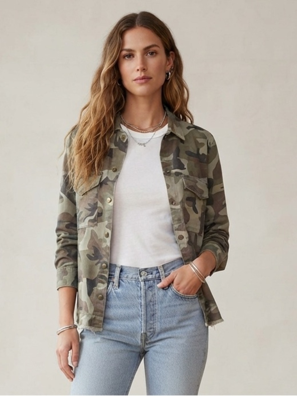 Sanctuary Camo Utility Jacket Shirt in Olive Green & Black Raw Hem Snap Button